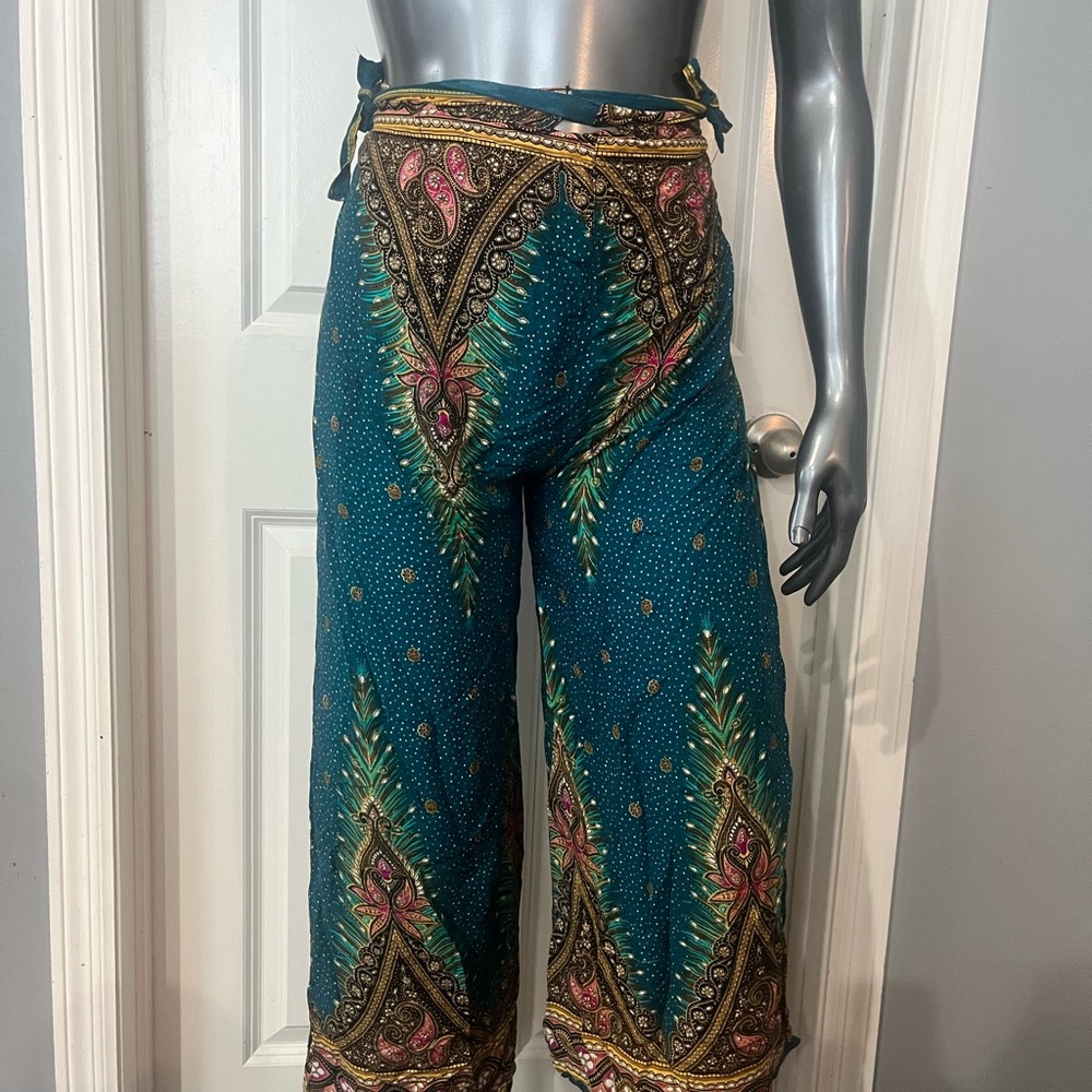 Bohemian Teal Paisley Side Tie Beach Cover Women's Pants